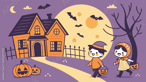 Adorable Cartoon Kids Trick-or-Treating on Halloween Night