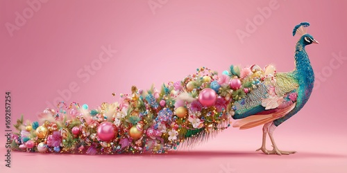 Christmas peacock with rainbow garland tail on pastel bright pink background
A surreal peacock spreads a colorful tail made of glowing garlands and ornaments.