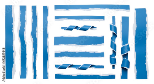 Blue ripped paper torn edges strips isolated on white