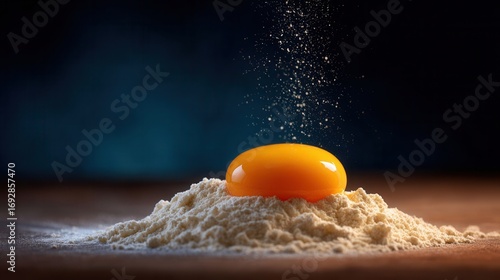 Wallpaper Mural Realistic Egg Yolk Dropping Into Flour on Wooden Surface with Dark Background Torontodigital.ca