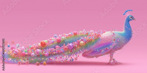 Christmas peacock with rainbow garland tail on pastel bright pink background
A surreal peacock spreads a colorful tail made of glowing garlands and ornaments.