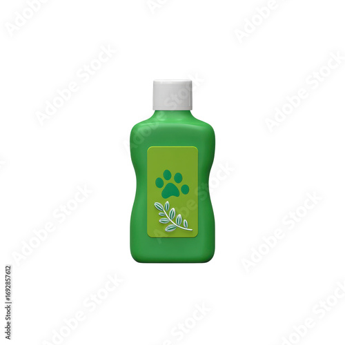 Green pet shampoo bottle with a white cap. Transparent background.
