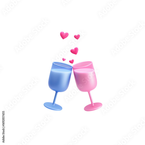 Two glasses, blue and pink, filled with pink liquid and topped with hearts. Transparent background.