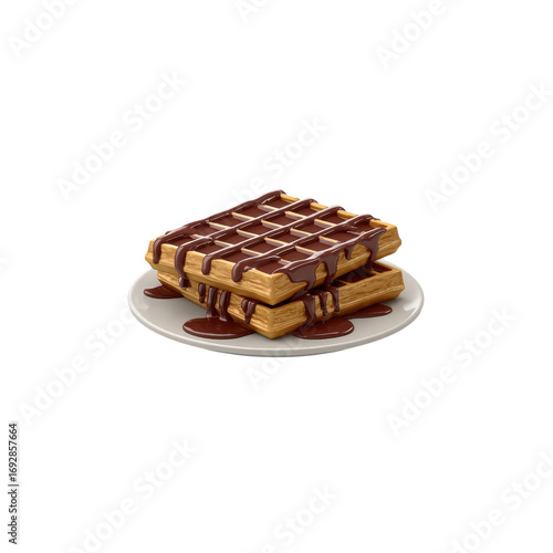 On a white plate lies a neat stack of two square waffles, richly covered with chocolate syrup. Transparent background.