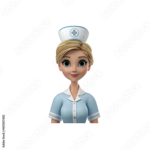 Nurse bust in light blue uniform with white trim and small buttons, transparent background