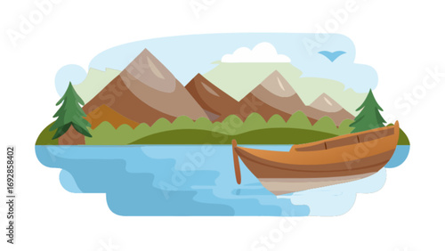 Serene mountain lake with a wooden rowboat