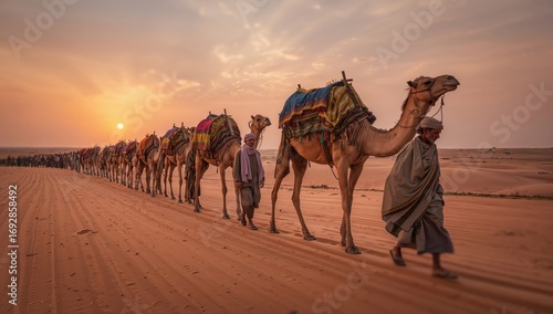 Wallpaper Mural Caravan crossing golden desert carrying silk and spices beneath warm glowing sunset Torontodigital.ca