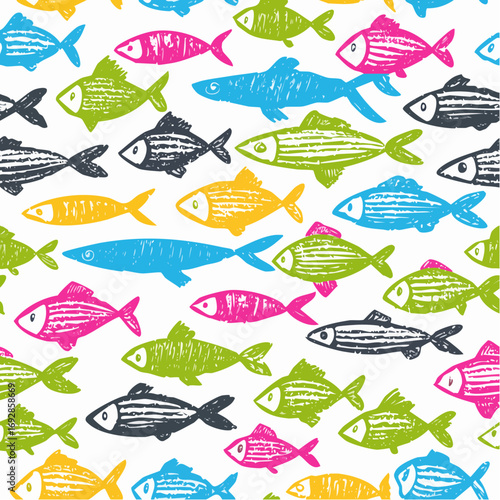 Colorful seamless banner background with crayon drawn school of fish. Marine seamless pattern with rough charcoal texture.