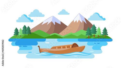 Serene mountain lake with traditional boat and evergreen trees