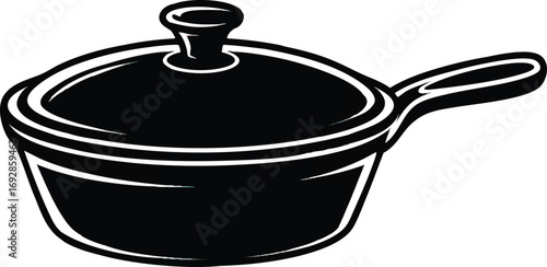 A black and white illustration of a cast iron cooking pan with a lid on a transparent background