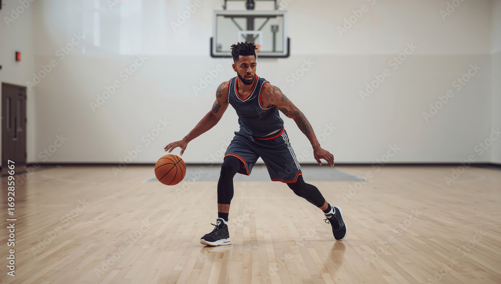 Fototapeta premium Focused basketball player dribbles alone on pale wooden court with minimalist backdrop