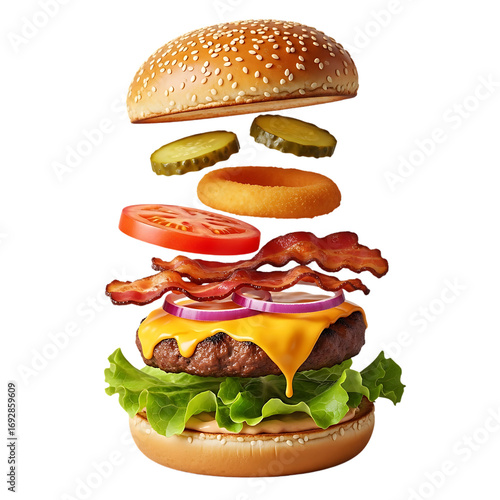 Deconstructed gourmet burger with fresh ingredients floating in mid-air against a stark background appetizing food photography transparent background