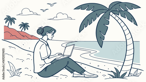 Serene Beachside Freelance Work: Woman on Laptop, Tropical Illustration
