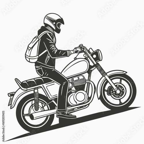 Dynamic black and white silhouette of a person riding a powerful motorbike in motion