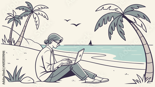 Relaxed Freelance Worker on Tropical Beach, Laptop, Line Art Style