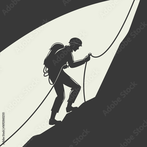 Silhouette of a determined mountain climber ascending a peak with a rope symbolizing adventure and achievement