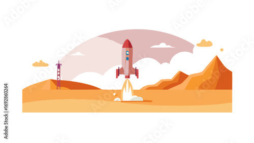 Rocket launching from a stylized alien planet landscape
