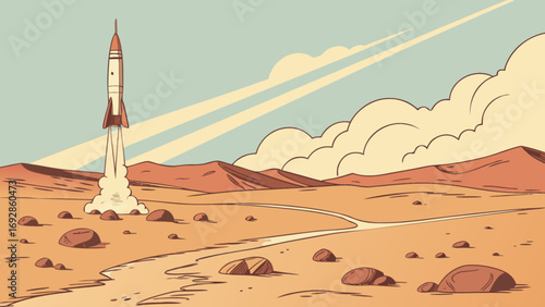 Rocket launching from a desert planet landscape