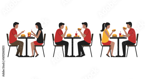 people dining together at tables with food silhouette