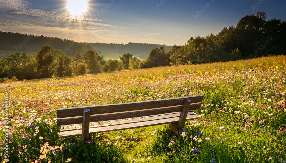 Fototapeta premium Wooden Bench In Wildflower Meadow