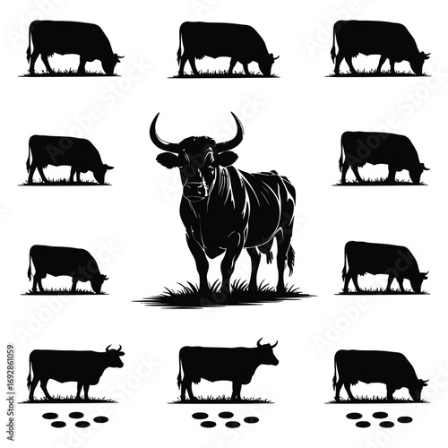 A vector silhouette set of farm animals including a cow and calf, pig, sheep, goat, and horse outlines for cattle, pork, lamb, and beef collections