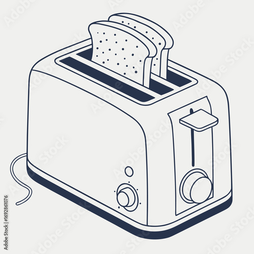 Minimalist vector illustration of a chrome electric toaster with golden brown bread slices popping up perfect for breakfast or kitchen themes