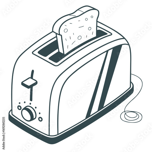 Minimalist vector illustration of a chrome electric toaster with golden brown toast popping up perfect for breakfast or kitchen themes