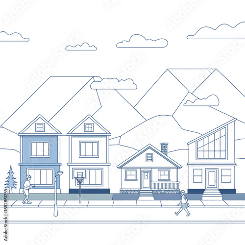 The illustration shows a sketch of a building's architecture, a sign of residential property and real estate