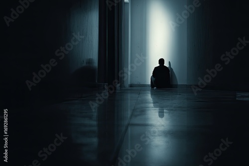 Wallpaper Mural A solitary figure sits alone in a dimly lit hallway, bathed in a single beam of light Torontodigital.ca