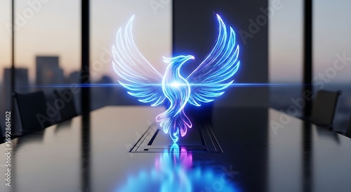 Fototapeta Naklejka Na Ścianę i Meble -  Holographic phoenix emblem on a conference table in a modern office with city view outside windows