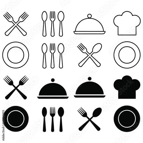 A collection of vector icons for restaurant menu design, featuring illustrations of kitchen utensils and food symbols