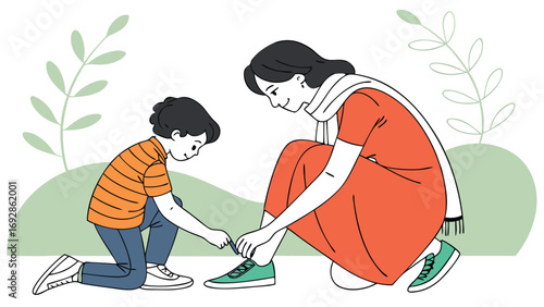 Mother patiently ties shoelaces for her young son in a warm caring moment of daily life and childhood development