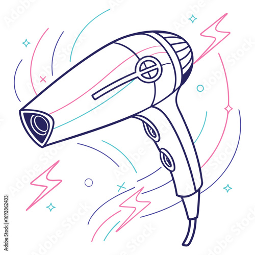 Sleek modern hair dryer illustration with vibrant neon accents and futuristic design elements