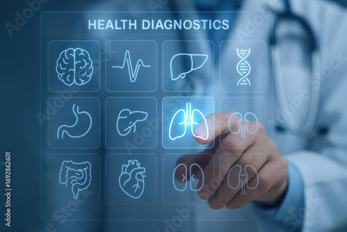 Health diagnostics interface with human organ icons and medical professional pointing at lungs