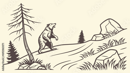 Grizzly Bear in Mountain Landscape: Vintage Line Art Illustration