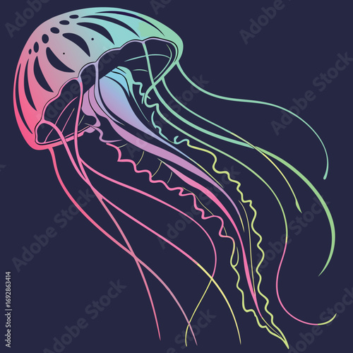 Abstract jellyfish silhouette with vibrant glowing neon effect and futuristic underwater ambiance