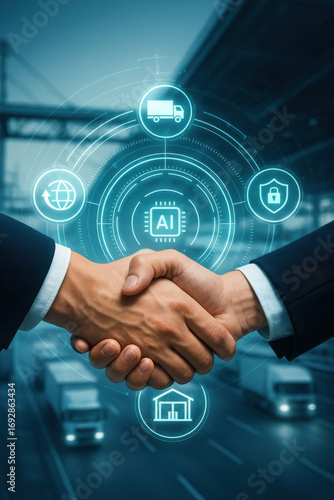 Artificial intelligence technology handshake with logistics and security icons