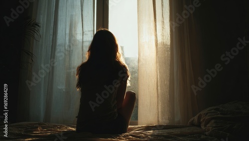 A young woman sits by a window, back to the camera, bathed in sunlight