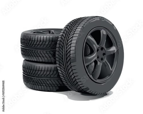 Black rubber car tire and wheel isolated on a white background for auto transport