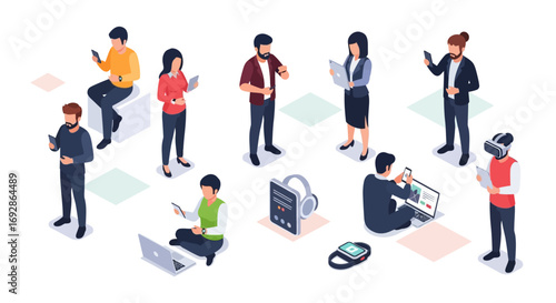 Isometric people and gadgets. Young men and women characters with smartphones and gadgets. Vector modern freelance business people on white background