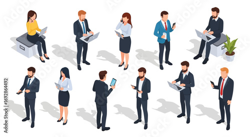 Isometric people and gadgets. Young men and women characters with smartphones and gadgets. Vector modern freelance business people on white background