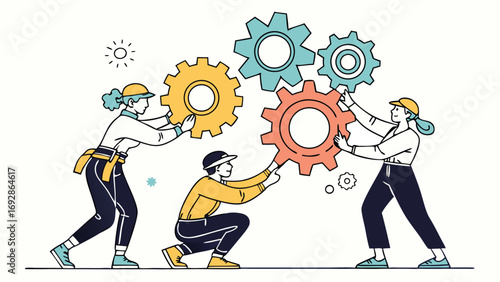 Teamwork and collaboration people arranging colorful gears symbolizing unity business success and industrial process integration concept