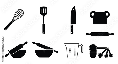 various kitchen utensils neatly arranged in rows
