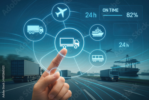 Logistics transportation network with truck, ship, airplane, and train icons showing time