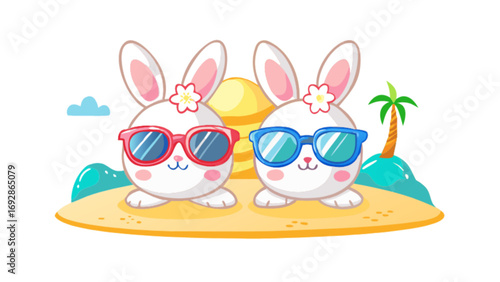 Two cute bunnies wearing sunglasses on a tropical island with an easter egg