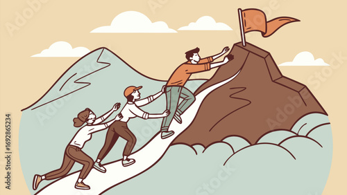Diverse team collaborates on a challenging mountain climb reaching the summit with a flag symbolizing success and achievement overcoming obstacles together