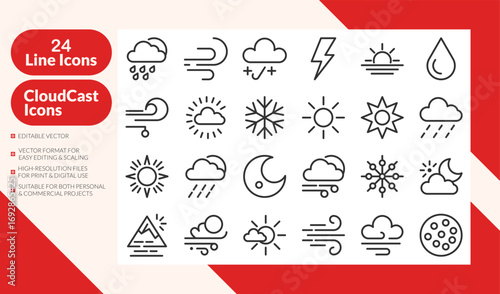 Cloudcast line icons set. 24 weather line icons with sun, rain, storm, snow, cloud, and moon. Perfect for apps, web, and forecast.