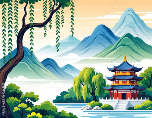 "Peaceful Chinese Temple by Serene Mountain Lake"
