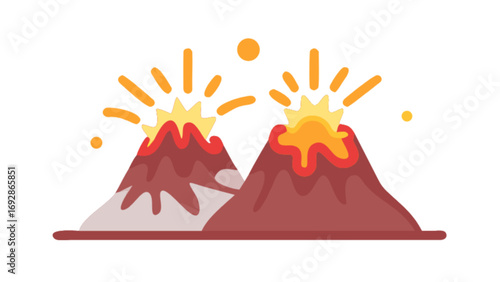 Two cartoon volcanoes erupting with lava and smoke