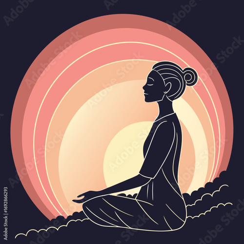 Silhouette of a person meditating with a vibrant glowing aura and abstract colorful background elements
